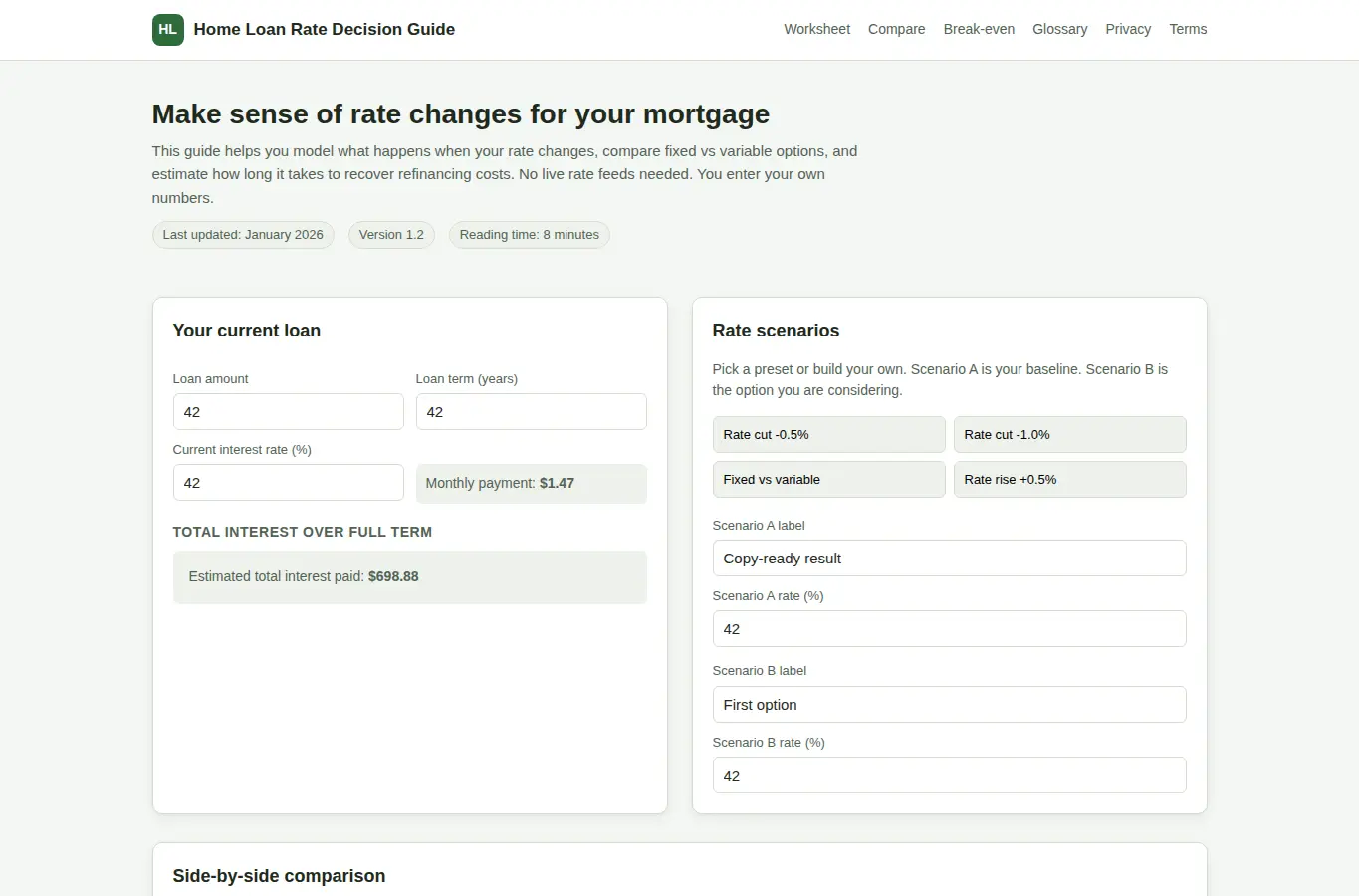 Screenshot of Home Loan Rate Decision Guide interface showing the project page in use